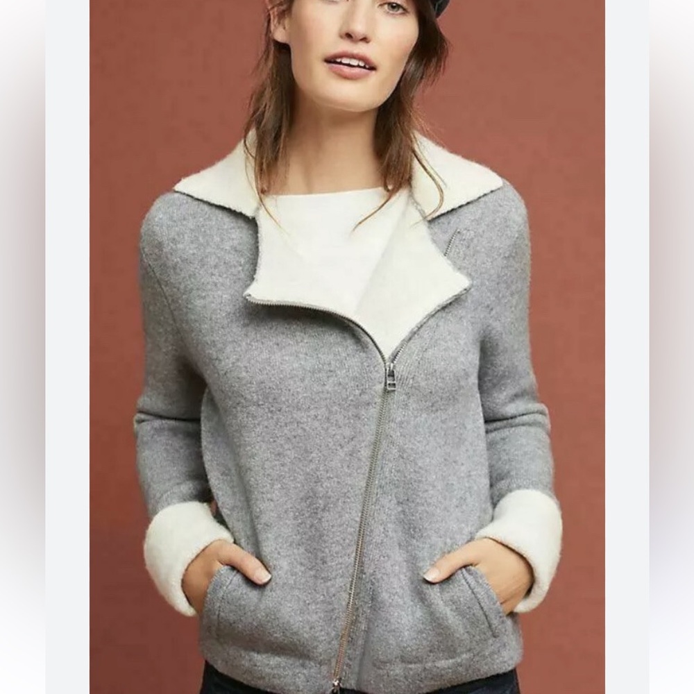 Anthropologie Alpaca Wool Blend Moto Knit Jacket Asymmetric Zip Gray Cream Small